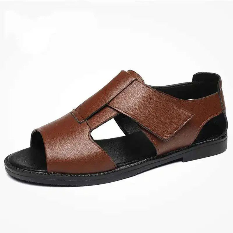 Men's black and brown open-toe leather casual sandals with rubber soles.