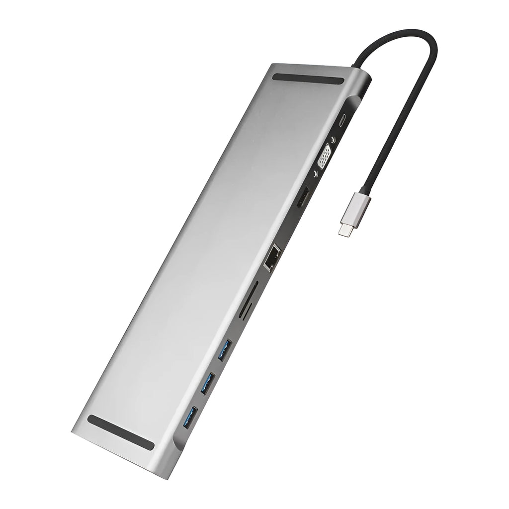 Grey aluminium ten-port USB hub docking station with cooling bracket for HDMI VGA and gigabit ethernet