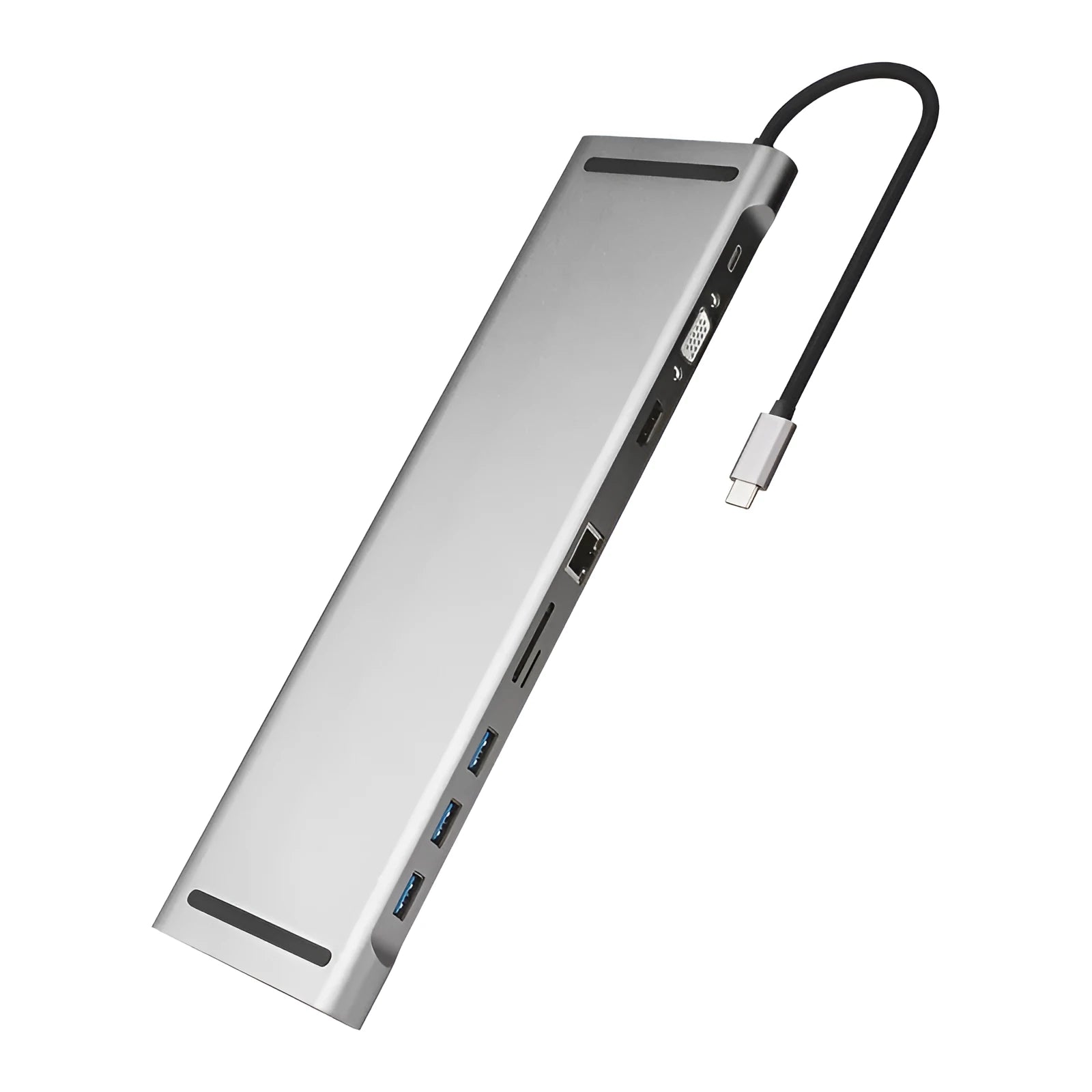 Grey aluminium ten-port USB hub docking station with cooling bracket for HDMI VGA and gigabit ethernet
