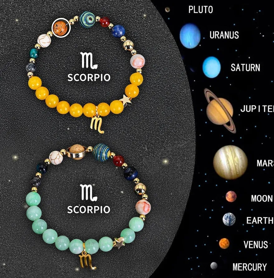 Two natural stone beaded bracelets for zodiac signs on a neutral background.