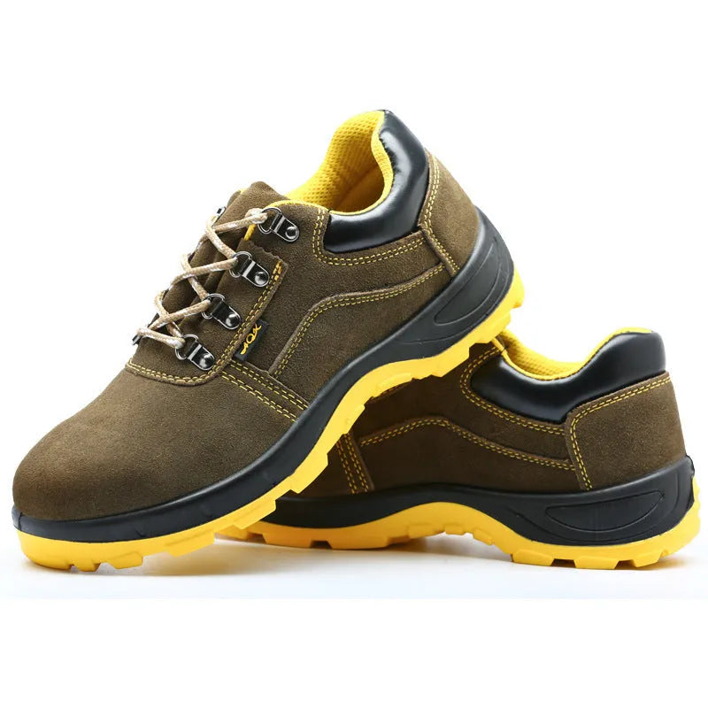 Bronze coloured low-cut steel toe safety boots with a cowhide suede upper and solid rubber sole.
