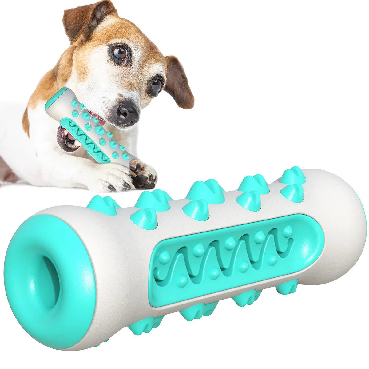 Natural rubber dog toothbrush chew toy in blue colour for dental cleaning, showing textured stick design