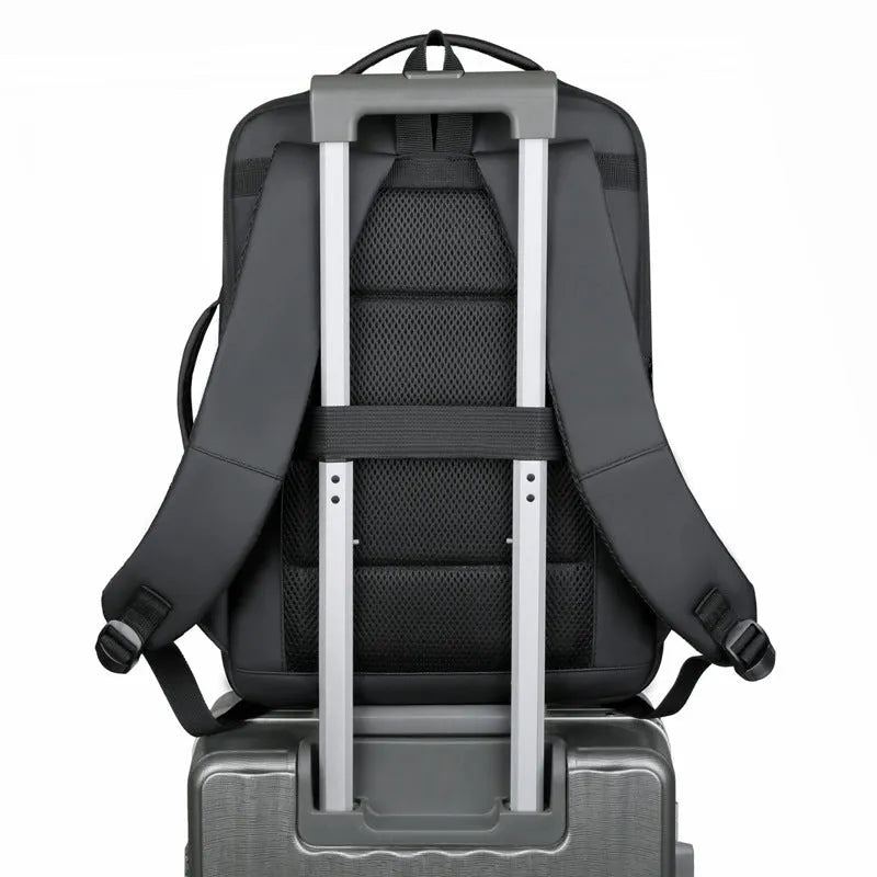 Black large capacity waterproof Oxford backpack with curved shoulder strap and hand carry handle.