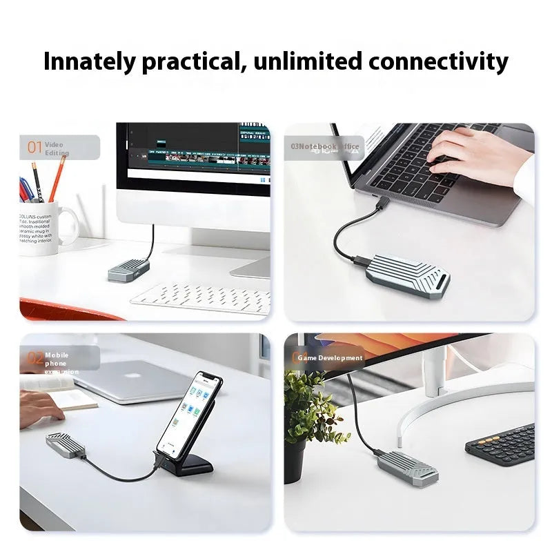 Thunderbolt 4 compatible M.2 SSD aluminium external enclosure in silver or grey colour with compact dimensions