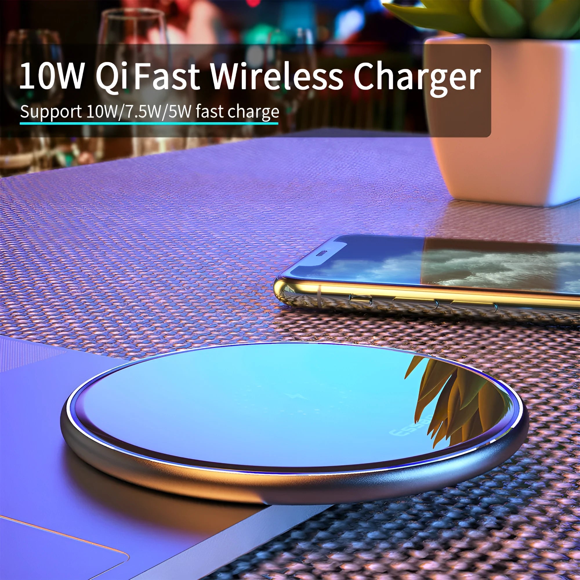 Black and white aluminium wireless charger showing LED indicator lights and anti-slip surface