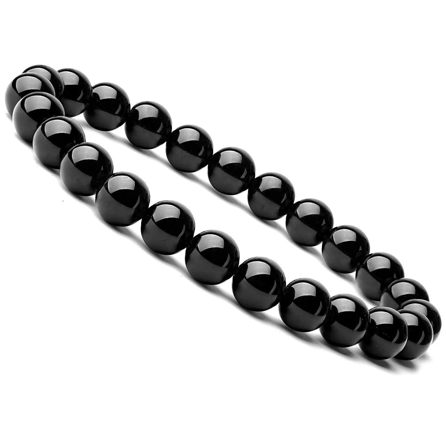 Geometric black onyx bracelet with 8mm beads on a black elastic cord.