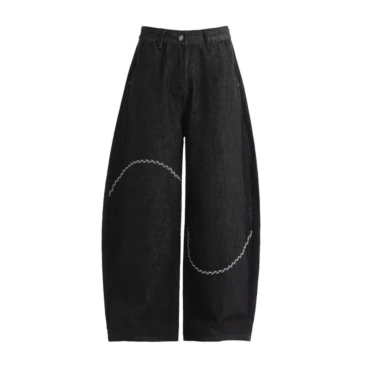 Black straight-leg denim trousers with a mid waist and zip fly, laid flat.