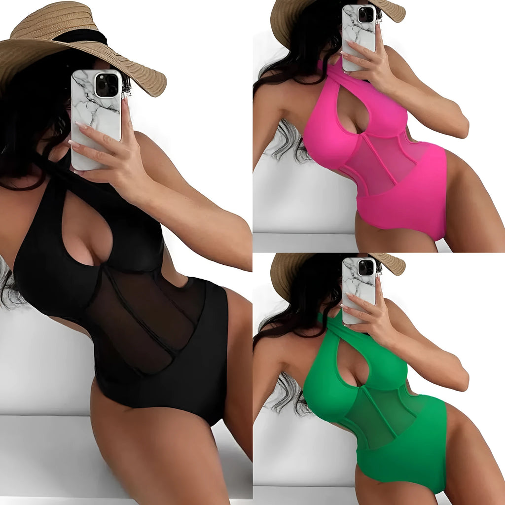 Women's one-piece spun yarn swimsuit bikini on a hanger in black, rose red, and green colour options.