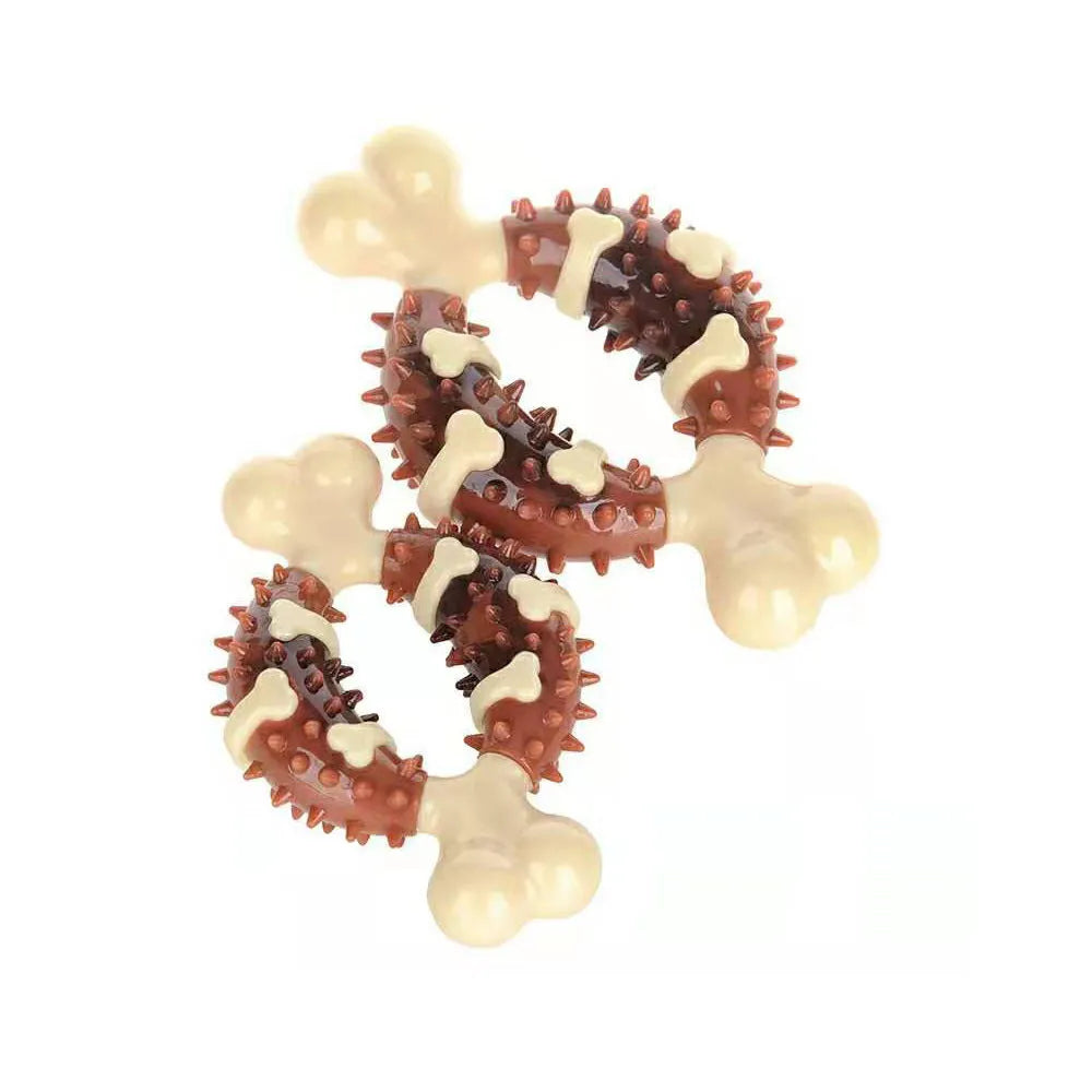 Bone-shaped natural rubber dog molar chew toy for teeth grinding and anxiety relief