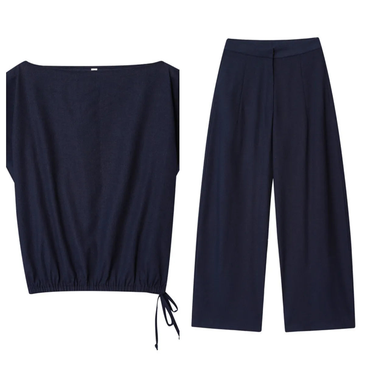Women's linen blend co-ord suit with flounced sleeve top and wide leg trousers.