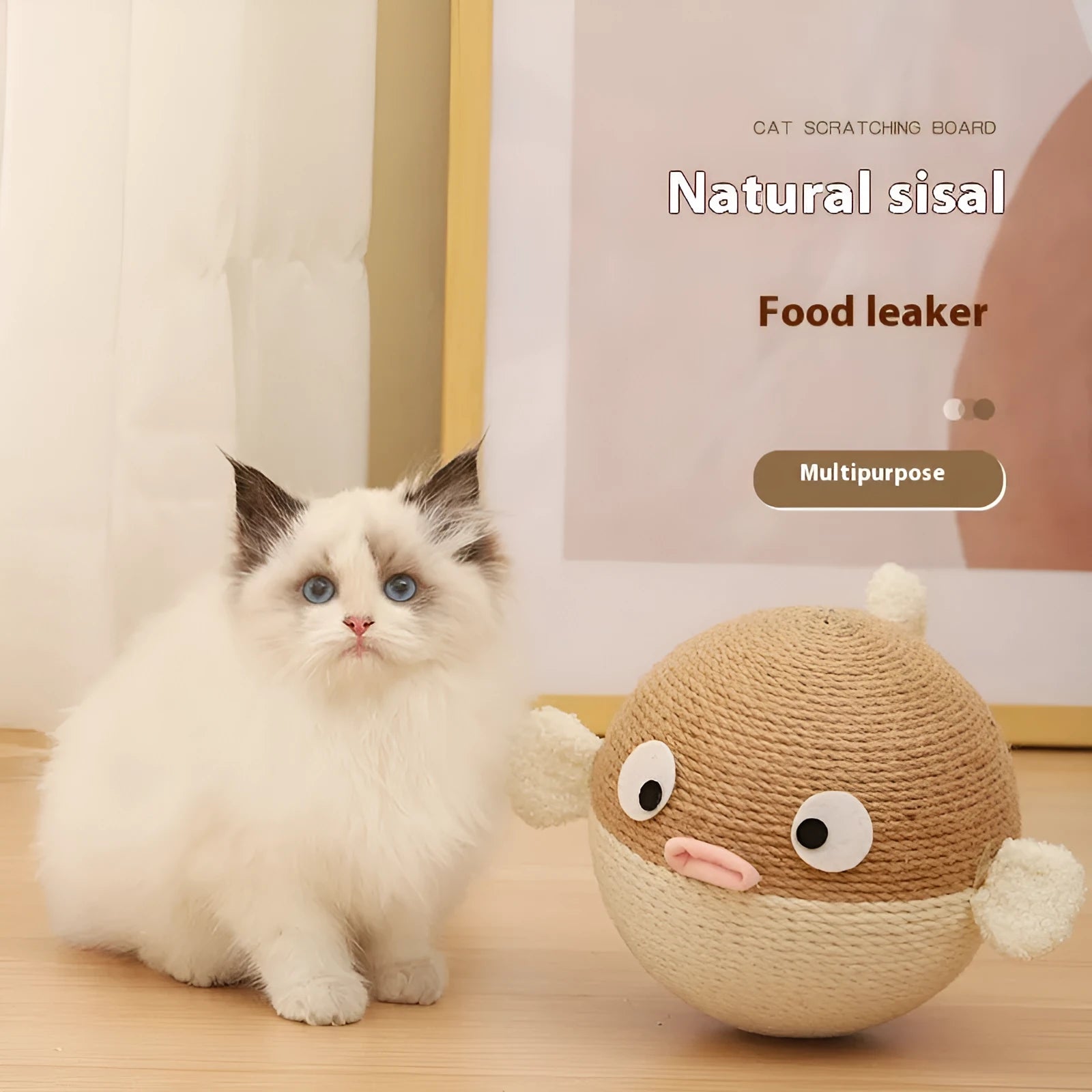 Sisal hemp pet puzzle toy cube with puffer fish design for slow feeding dogs and cats