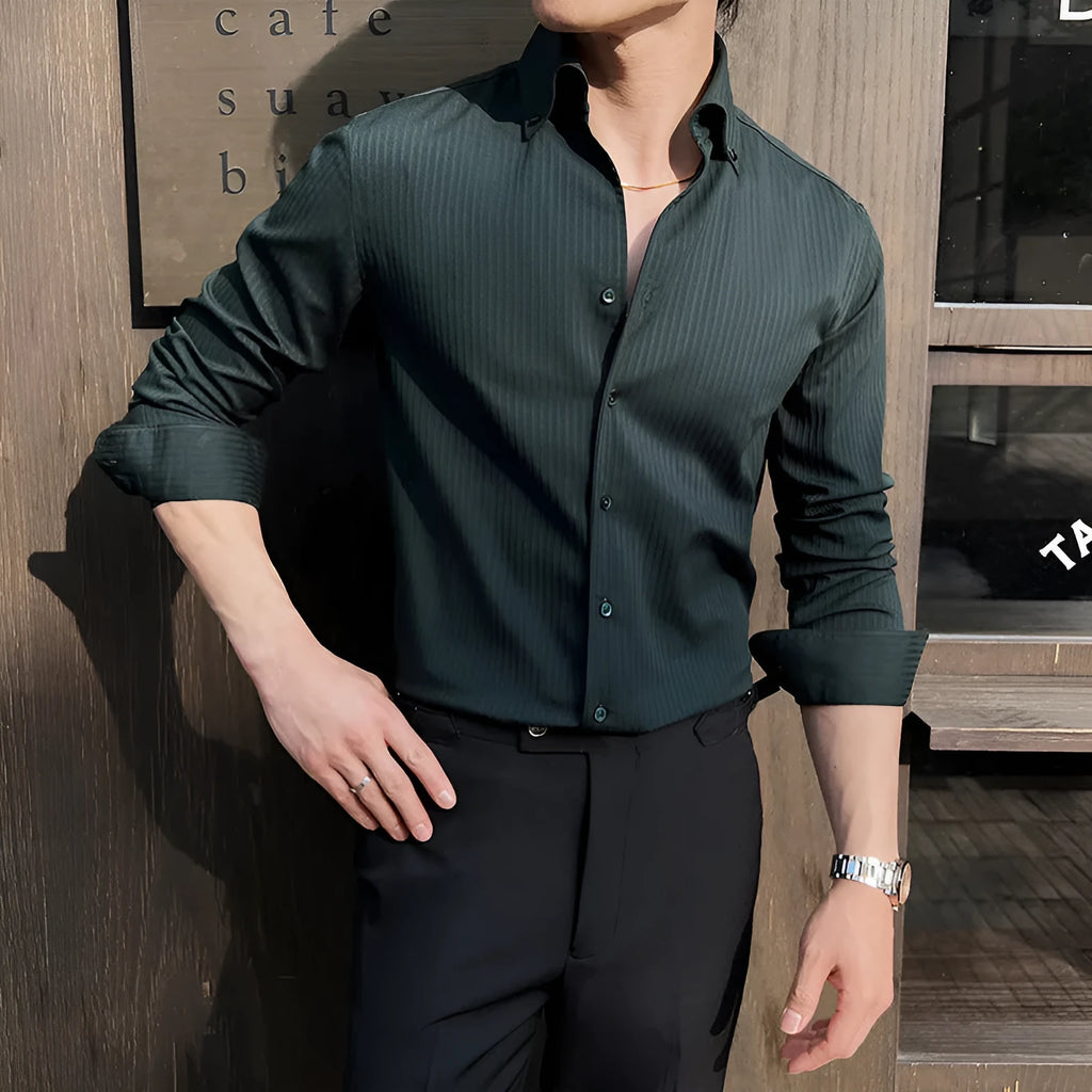Man wearing a striped V-neck long sleeve casual shirt in a choice of colours.