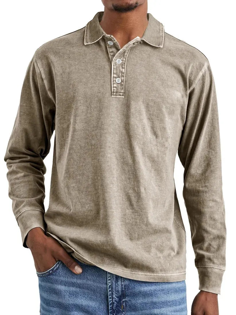 Men's retro washed distressed cotton lapel long sleeve polo shirt shown in army green.