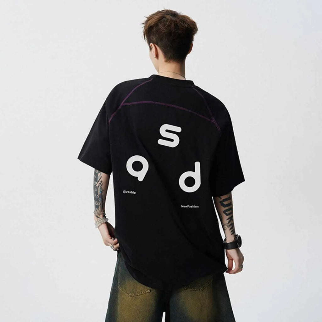 Men's loose fit cotton T-shirt with letter print design in black colour showing short sleeves and round neck