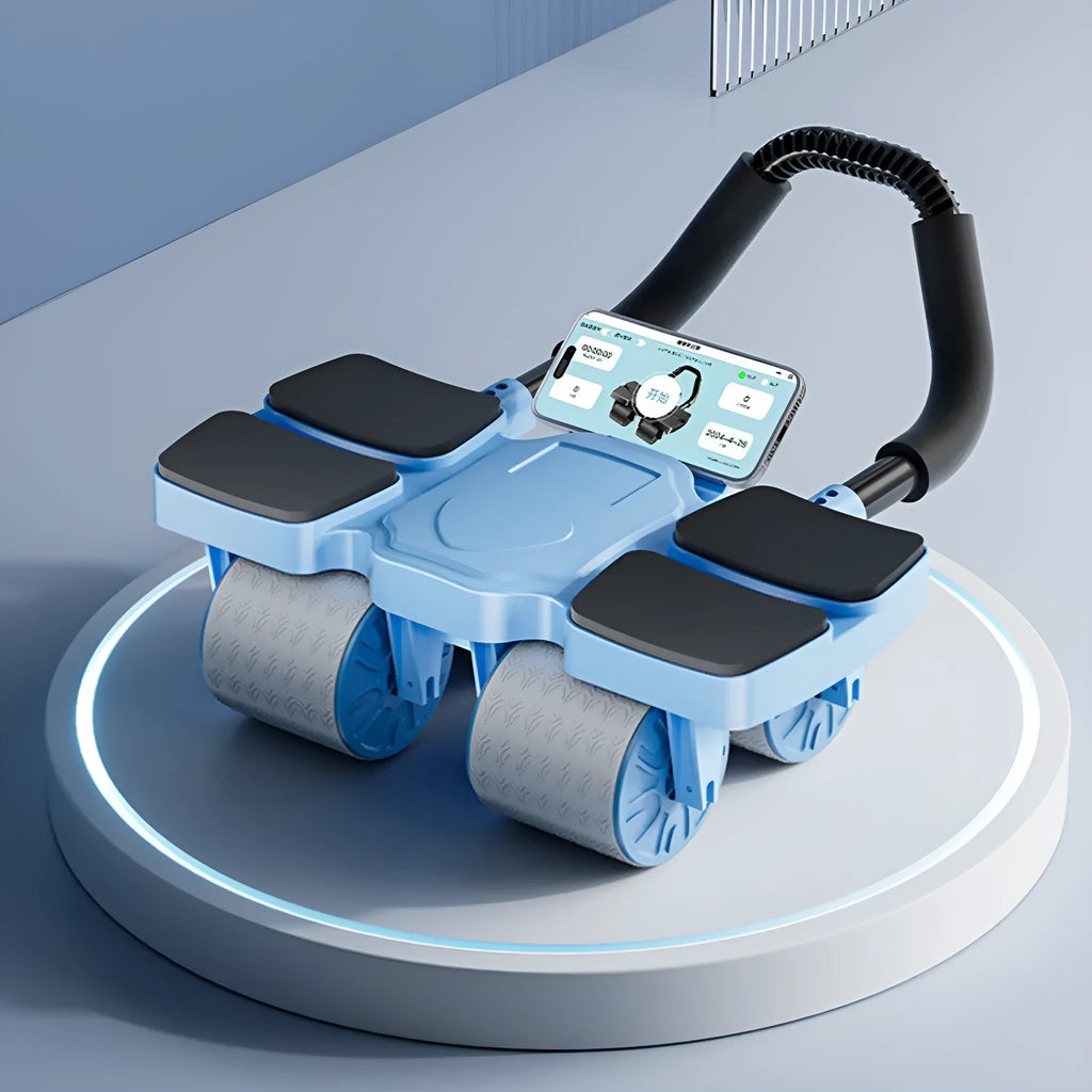 Abdominal exercise wheel with four wheels and automatic rebound mechanism in blue colour.