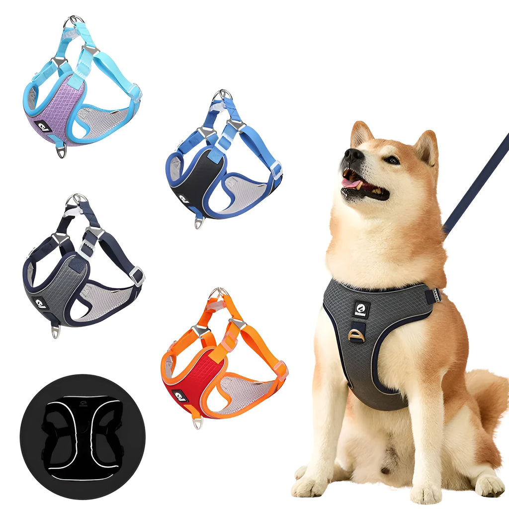Adjustable mesh dog harness with reflective trim in black red grey or light purple colours