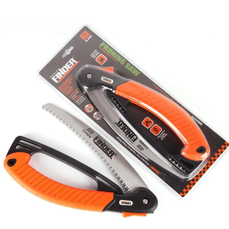 A folded and unfolded view of a 9-inch garden saw with a TPR grip and 65MN steel blade.