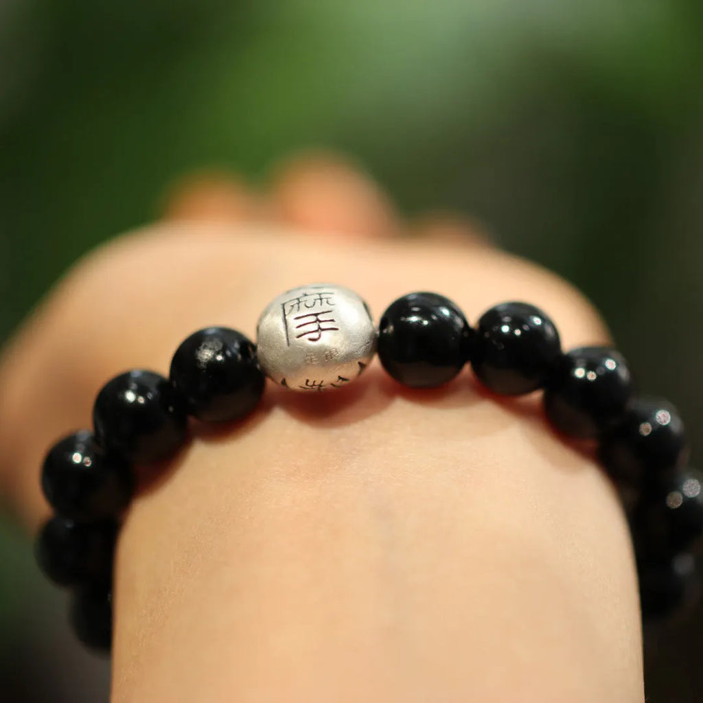 10mm black agate beads and sterling silver Chinese style bracelet with manual craftsmanship
