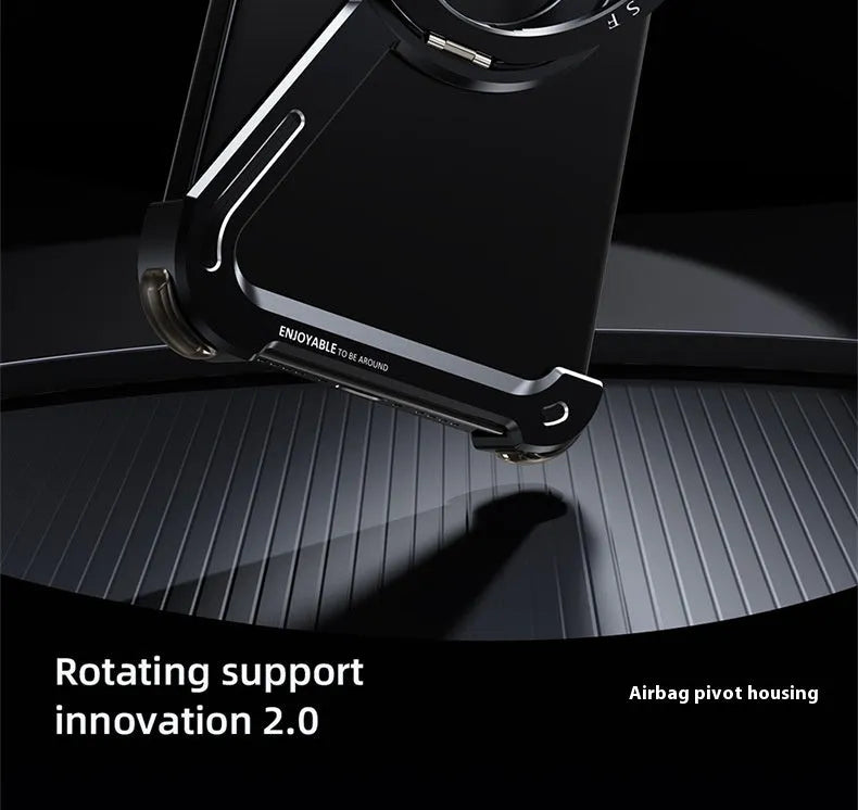 Black metal phone case for iPhone 17 Pro Max showing integrated magnetic bracket on the back.