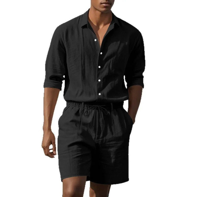 Men's linen shorts suit set showing long sleeve shirt and casual shorts in a light colour