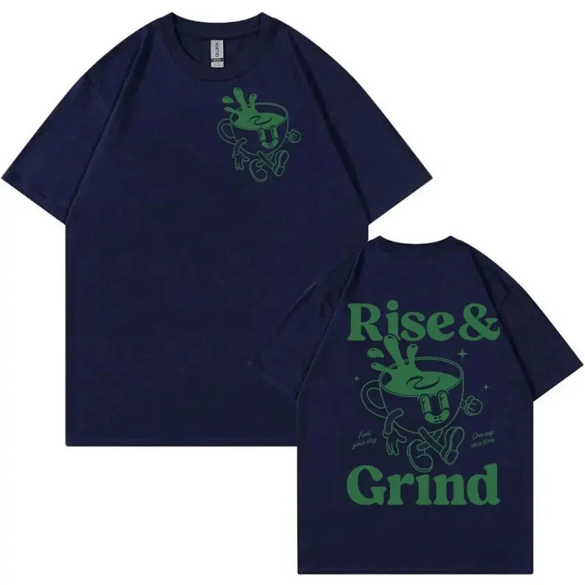 Linen loose-fit t-shirt with Rise And Grind green coffee bag cartoon graphic, shown in multiple colours.