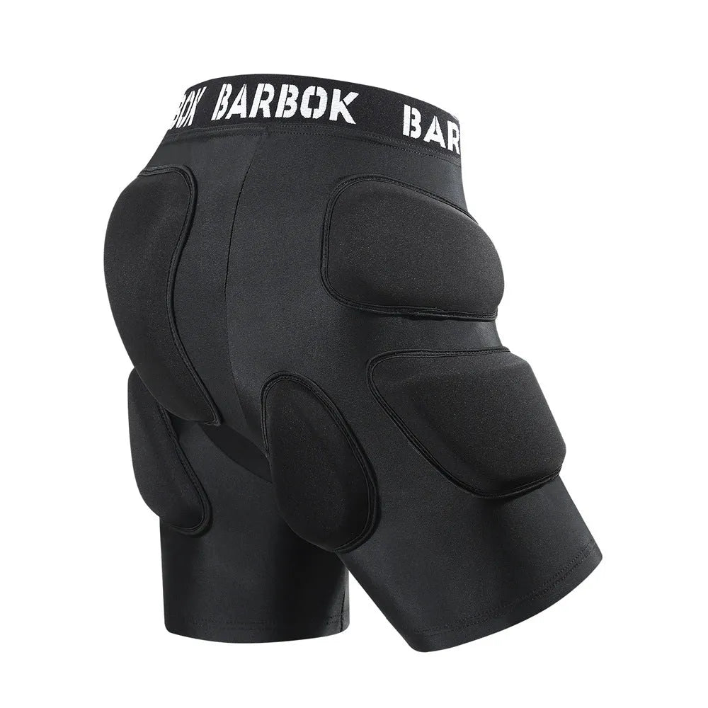 Black spandex hip protection pad with removable NBR foam inserts for skating and skiing safety.