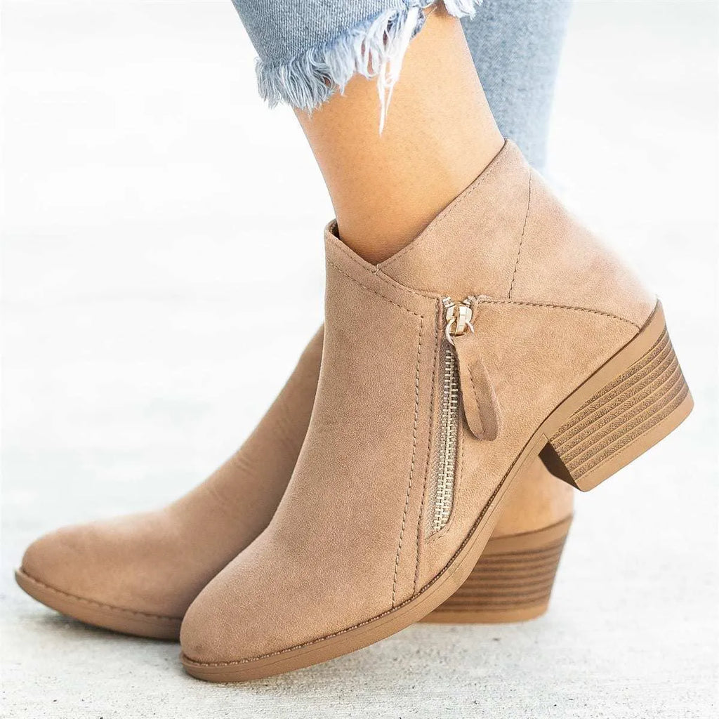 Women's blue suede Dr Martens-style ankle boots with chunky heel and side zip