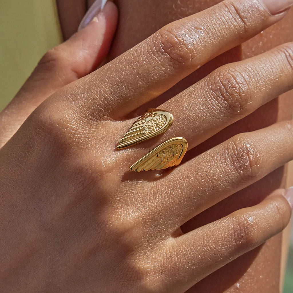 Stainless steel wings design ring with adjustable opening band in electroplated silver tone.