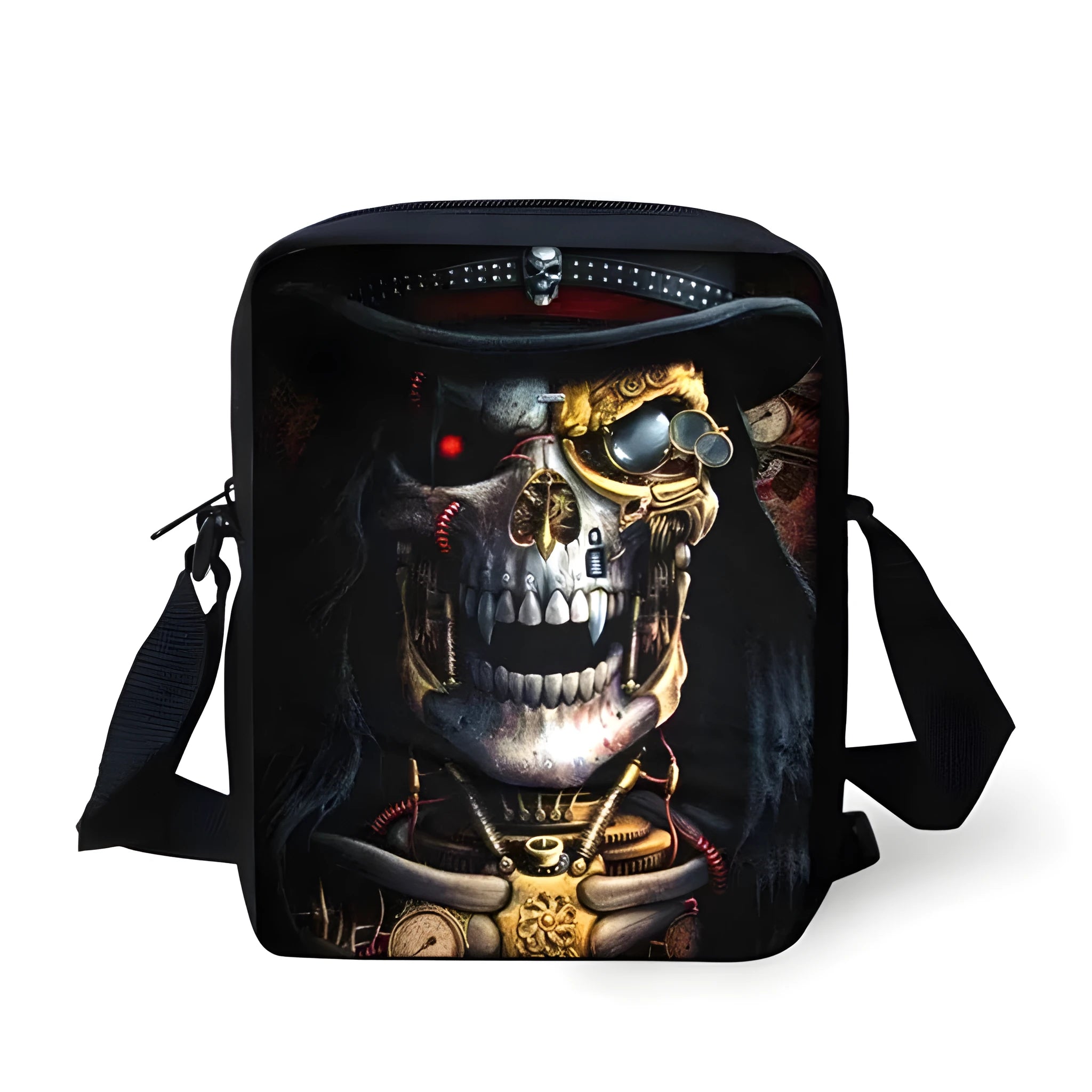 Children's messenger bag with skull pattern showing double adjustable straps and zippered main compartment