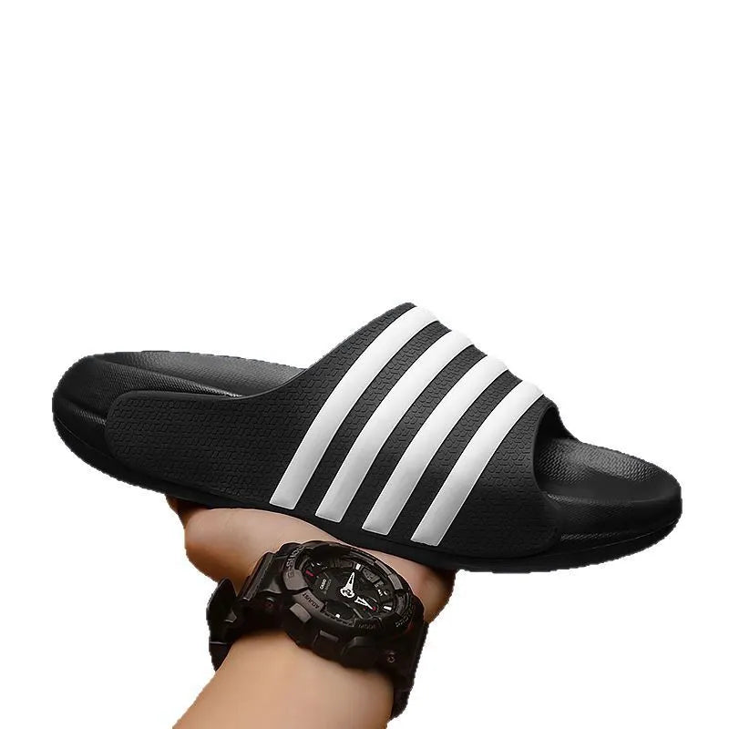 Casual EVA slippers with PVC upper in beige, black and white, blue and white, and green colour options