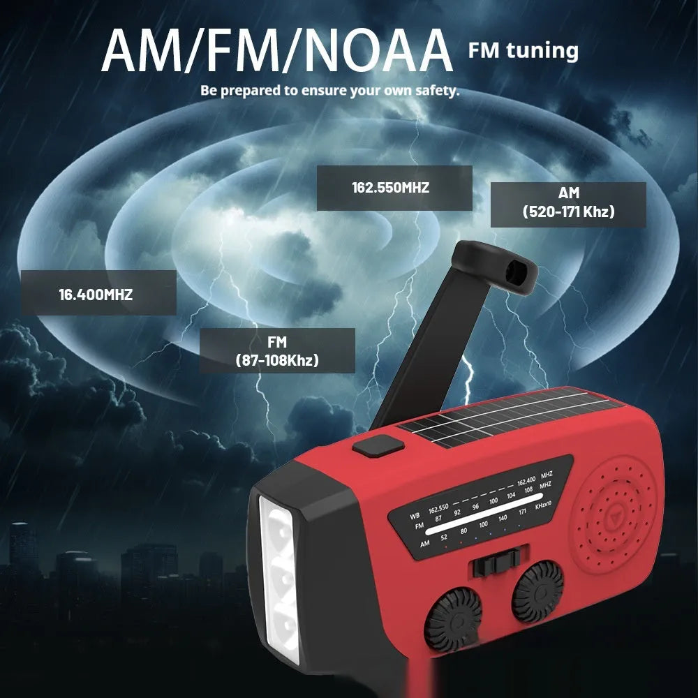 Red rechargeable emergency hand radio and LED torch with wrist strap on a white background
