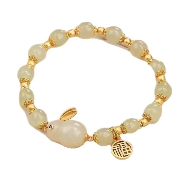 Green fu hare jade pendant on black elastic women's bracelet