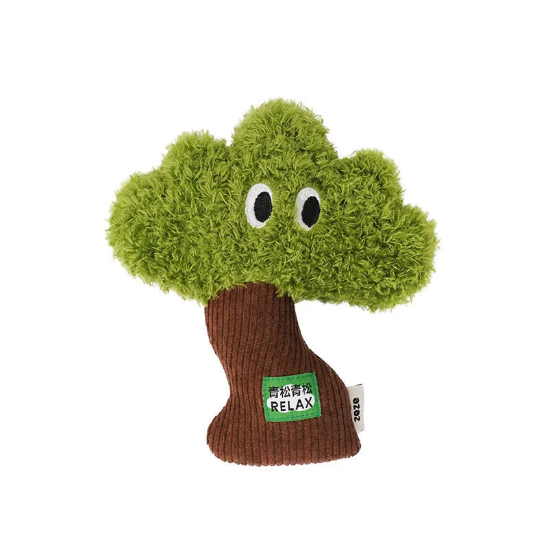 Pine tree shaped cat toy stick with catnip bag pendant, shown in large, medium, and small sizes.