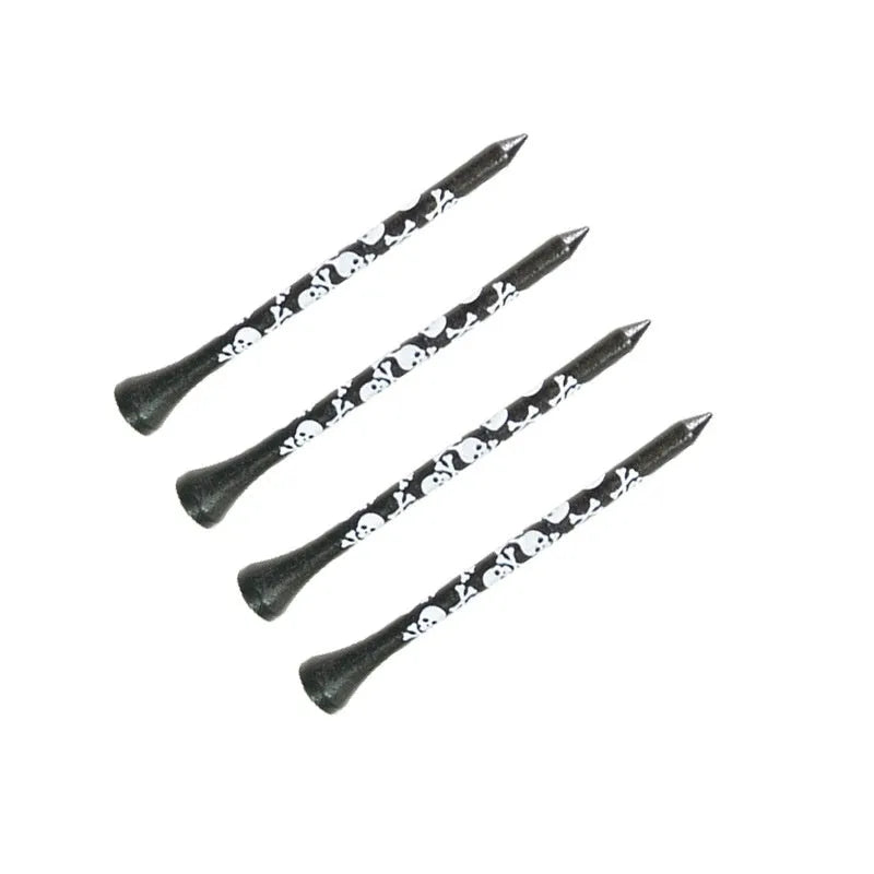 Black bamboo golf tees with skull print design showing 70mm and 83mm lengths