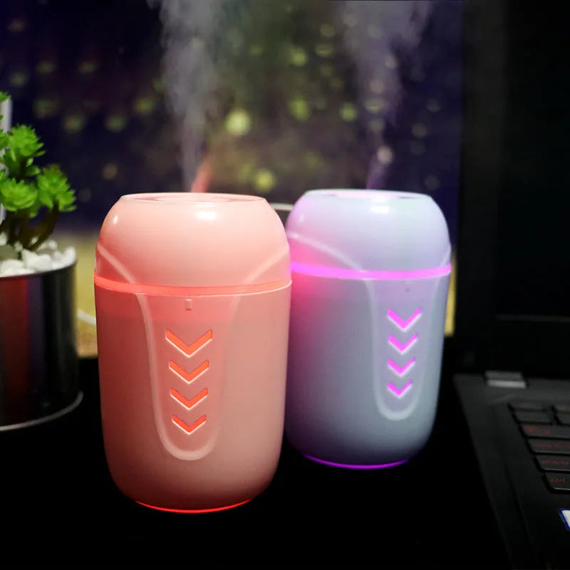 X3 portable car humidifier with columnar shape in blue, showing USB cable and 200ml water tank capacity.