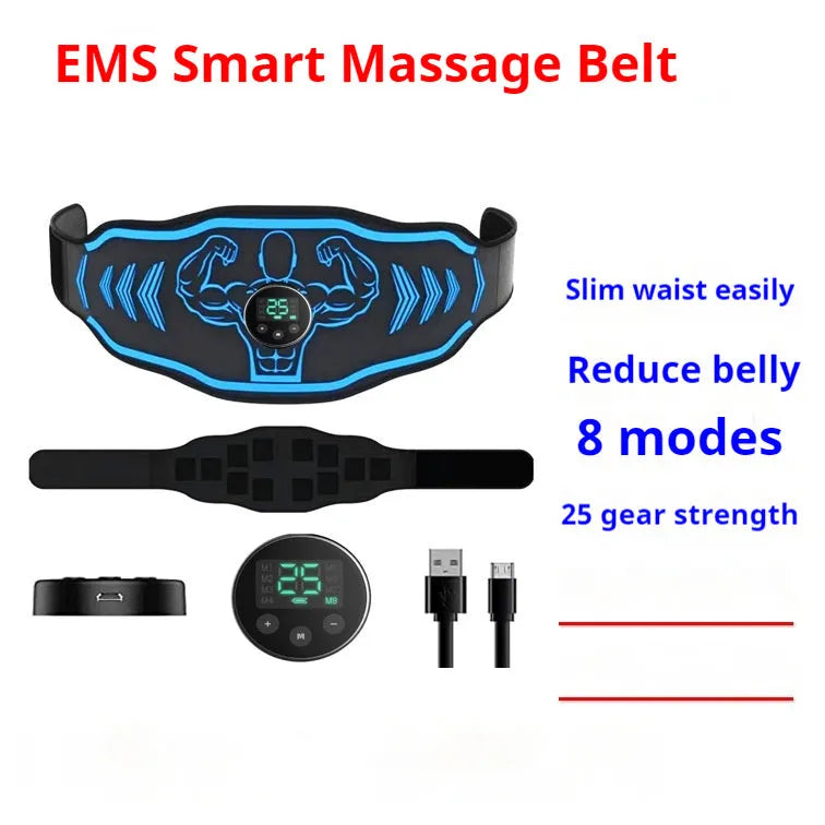 Blue and orange smart EMS massage belt set with rechargeable host and arm stickers