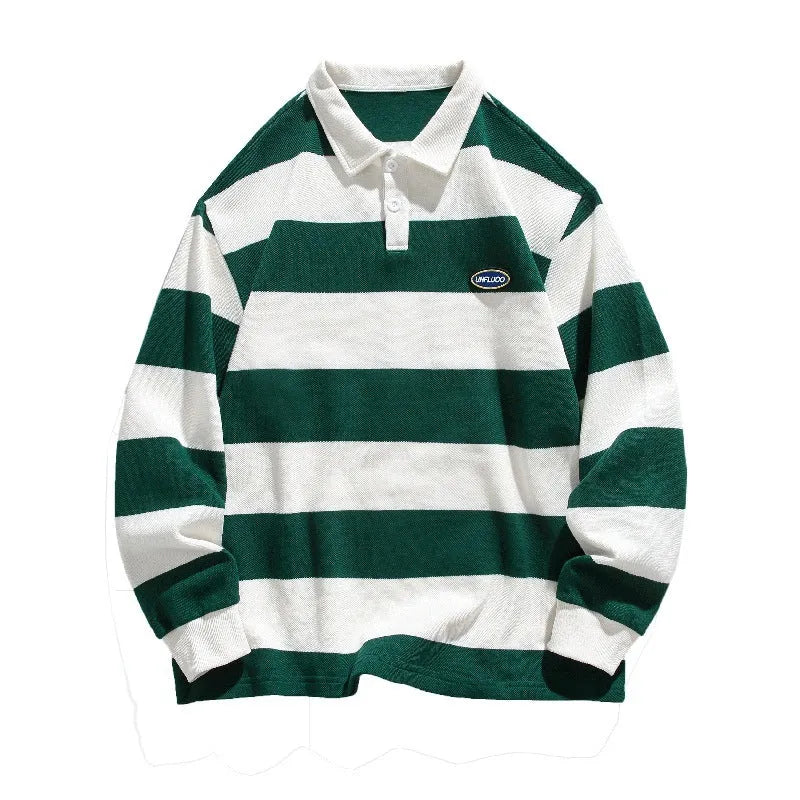 Hong Kong-style striped polo shirt in pearl cotton with lapel collar and loose fit