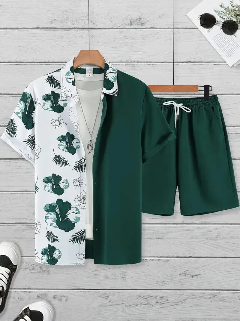Men's 3D printed Hawaiian shirt and shorts co-ord set in a casual style.