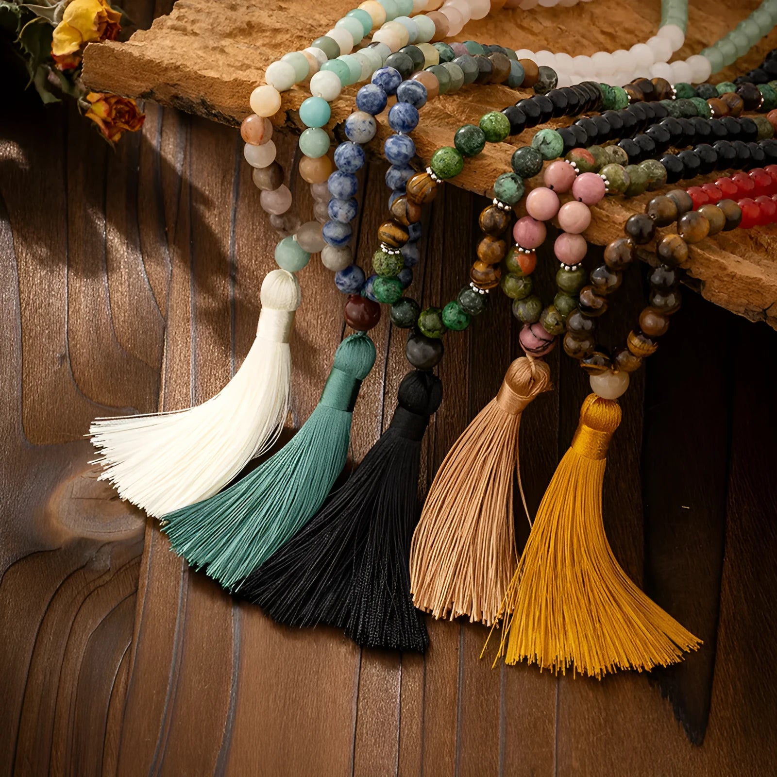 Vintage tassel bohemian beaded chain necklace and matching bracelet in natural stone with electroplated finish