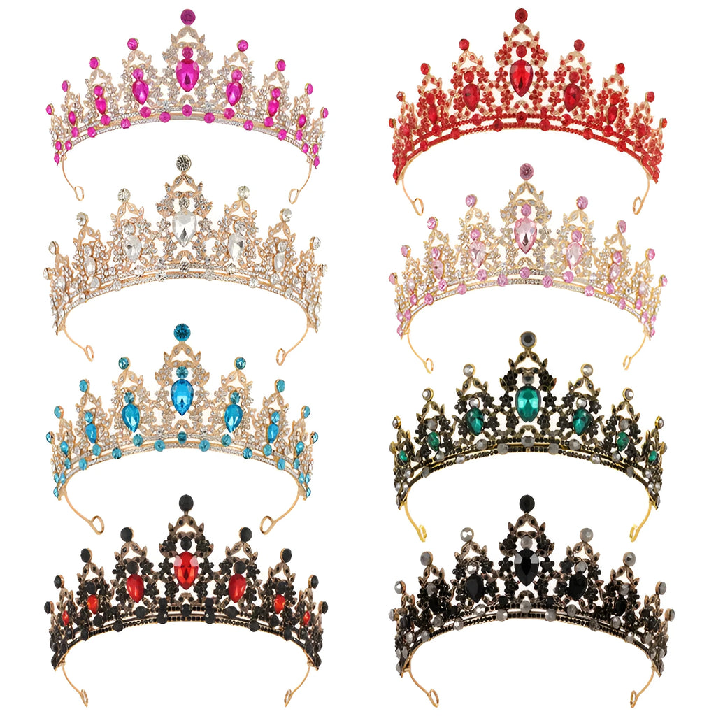 Baroque crown bridal headdress with rhinestones in silver and gold finishes with coloured diamond accents.