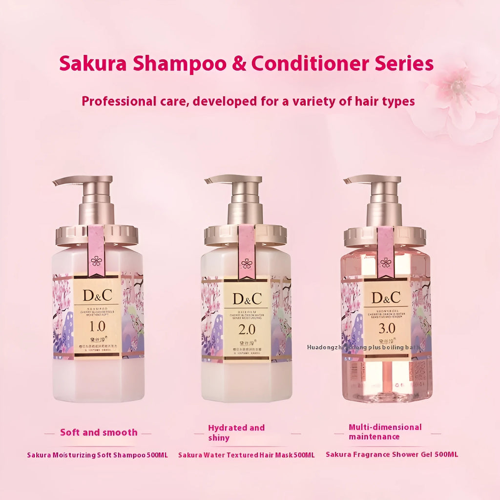 Sakura cherry blossom shampoo, hair mask conditioner and shower gel set, three 500ml bottles.