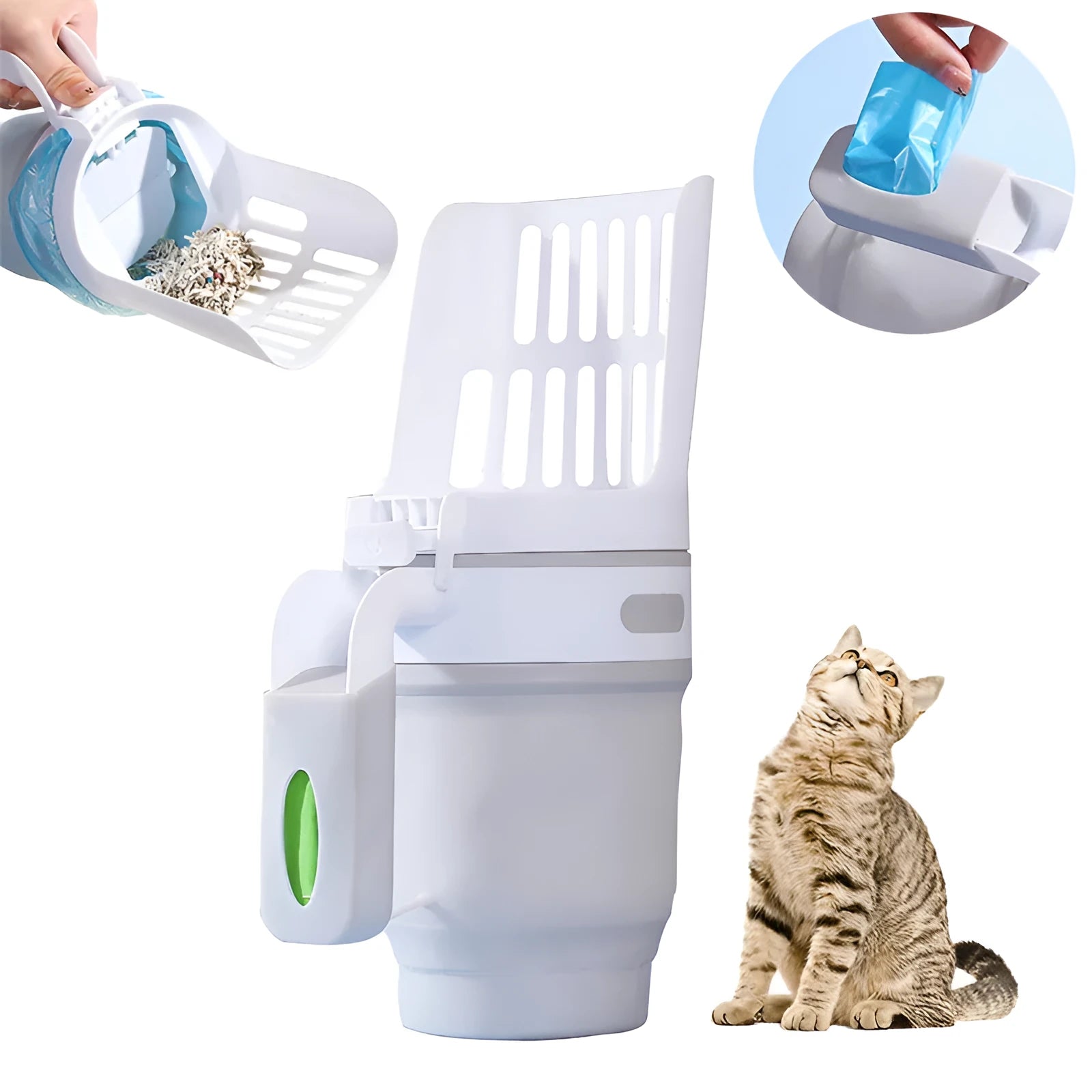 Grey, blue, and green cat litter scoop with attached waste bin and foldable bottom.