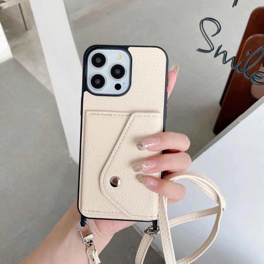 Lychee pattern imitation leather phone case with crossbody strap and triangle card holder for iPhone 14