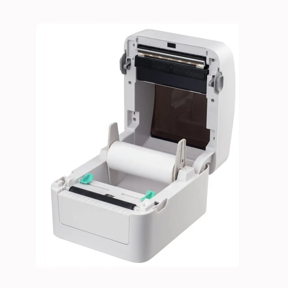 Thermal barcode printer with compact body and paper loading container, black finish, for label printing