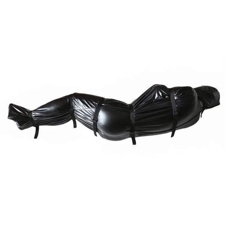 Black patent leather bondage set with full-coverage body wrap and six ratchet tie-downs