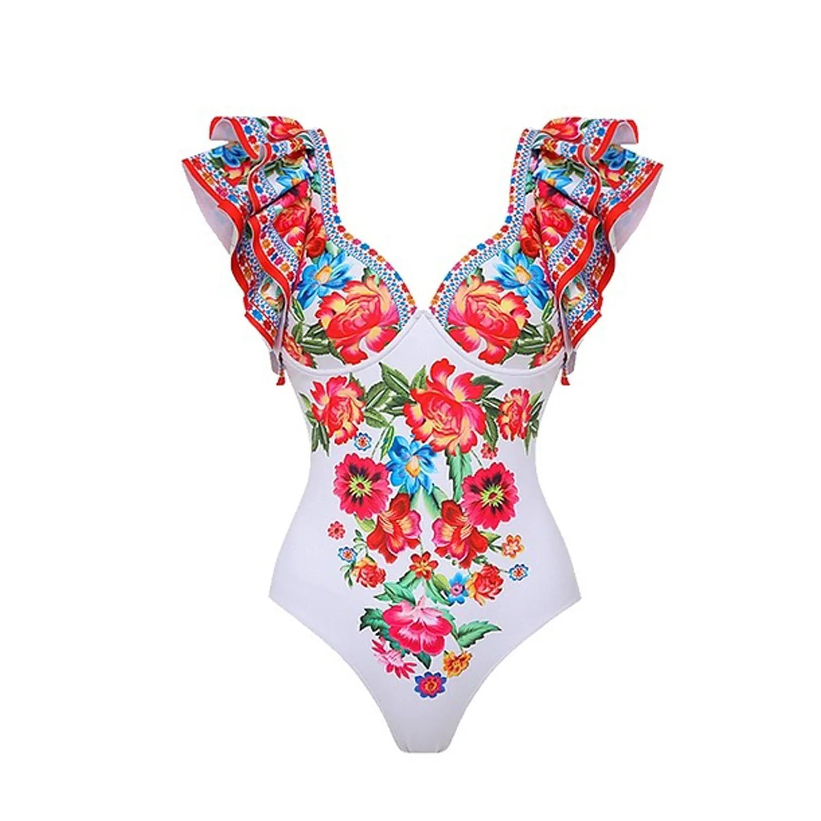 Women's printed polyester one-piece swimsuit available in multiple colours and styles