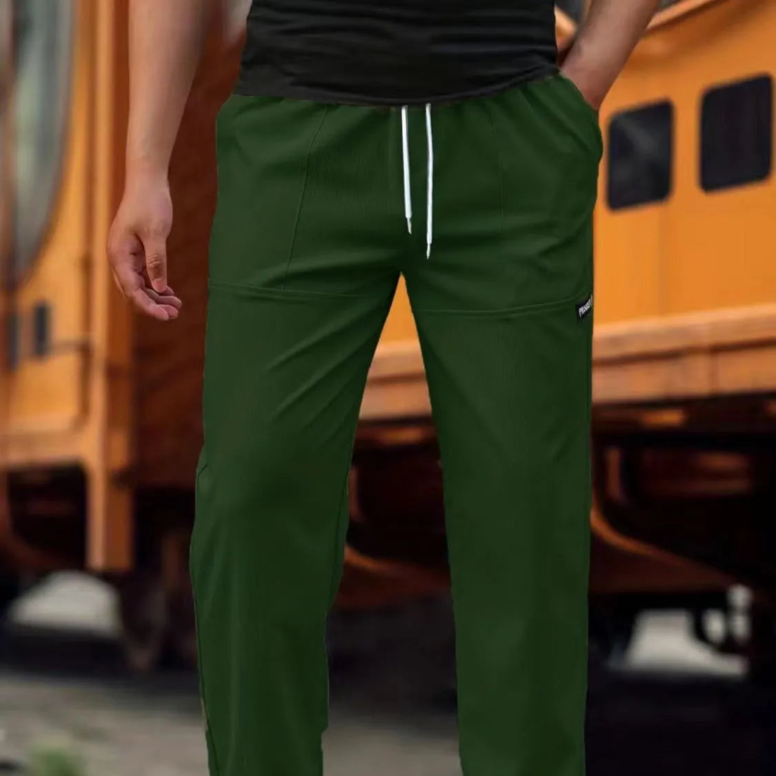 Men's polyester trousers in multiple colours including light grey, dark green, black for spring and autumn wear