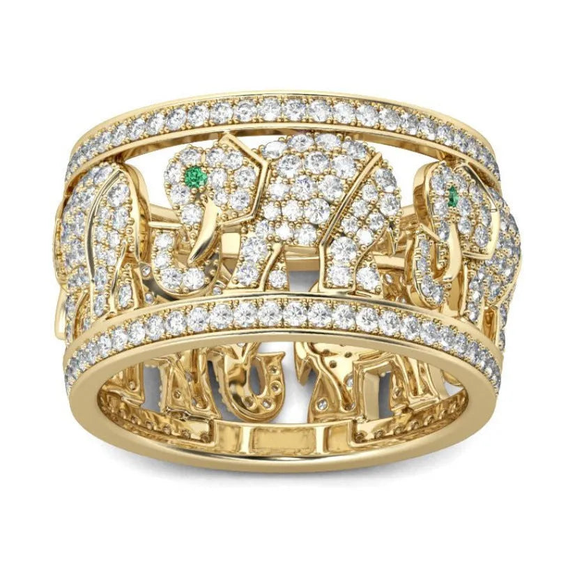 A close-up of a detailed alloy elephant ring with sparkling diamond accents on a gold or silver electroplated band.
