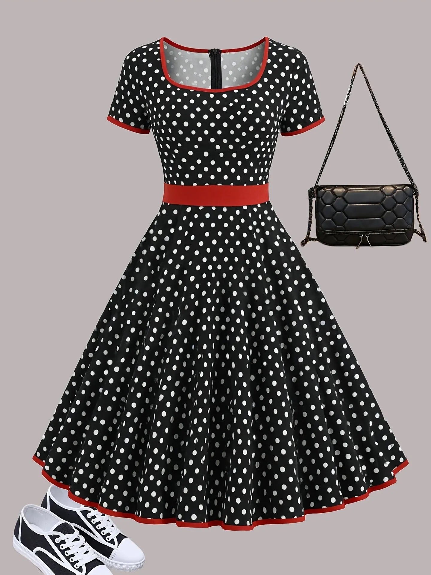 Multicolour polka dot pleated midi dress with a square collar, short sleeves, and a front zipper.