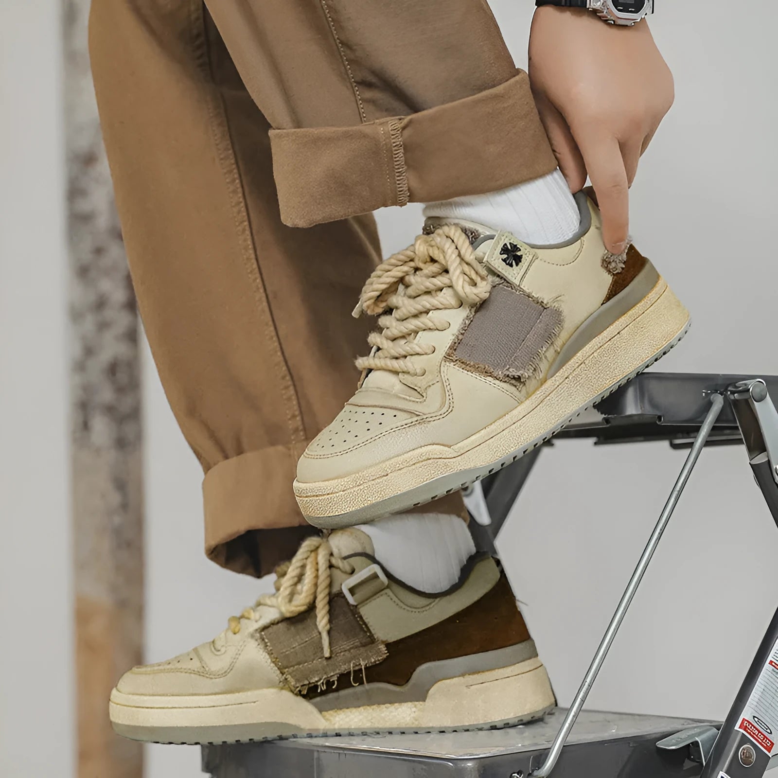 Beige low-top casual skate shoes with lace-up front and flat rubber sole.